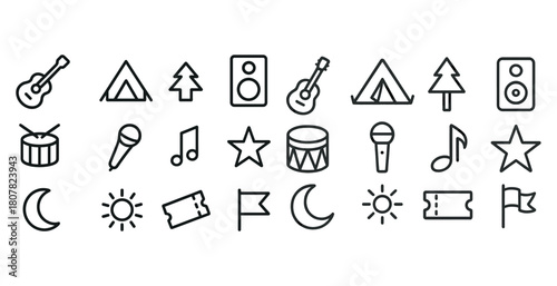 Music and camping icons set with instruments and outdoor symbols