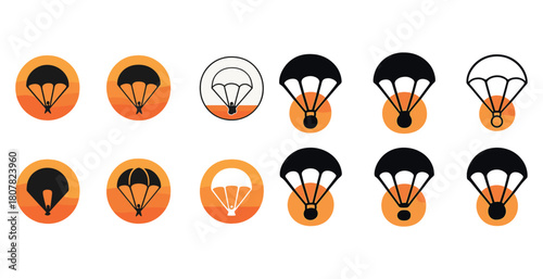 Variety of parachute icons in orange and black circular designs