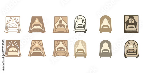 Elegant canopy bed icons set in earth tones for interior design