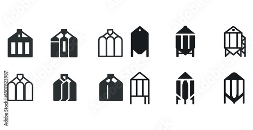 Set of twelve minimalist silo icons representing agriculture and storage