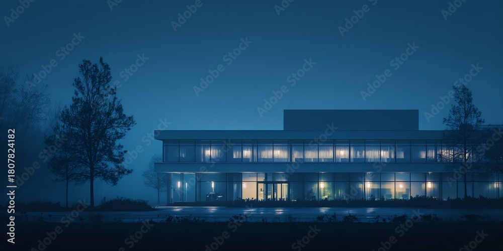 Obraz premium Modern minimalist office building exterior at late dusk or early night, glowing warmly from within, surrounded by dark silhouetted trees against a deep blue sky, with a hint of fog, cinematic
