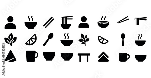 Simple food and dining icons set: noodles, tea, soup, chopsticks, herbs