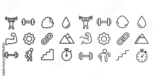 Collection of fitness and exercise icons featuring weights, muscles, and equipment