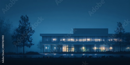 Modern minimalist office building exterior at late dusk or early night, glowing warmly from within, surrounded by dark silhouetted trees against a deep blue sky, with a hint of fog, cinematic