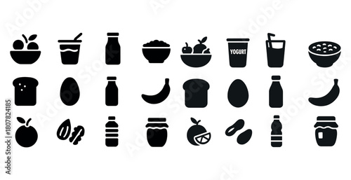 Black and white breakfast icons: fruit, cereal, milk, bread, yogurt, juice, nuts