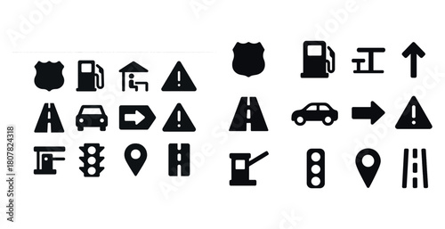 Collection of black silhouette traffic and road signs