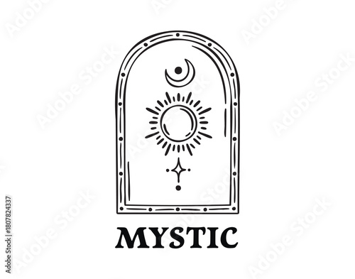 Mystic arched frame with sun moon star symbols, celestial portal, hand drawn, line art outline, hand drawn