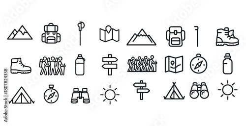 Set of hiking icons: gear, maps, compass, nature activities, outdoor adventure