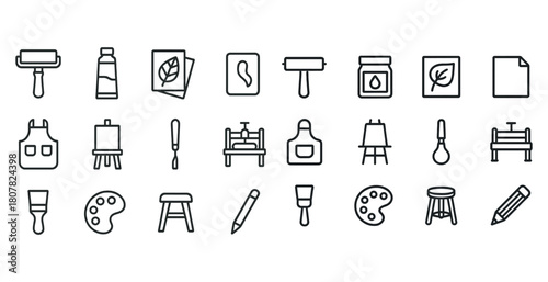 Art tools collection: brushes, easels, palette, roller, paint icons in minimalist design