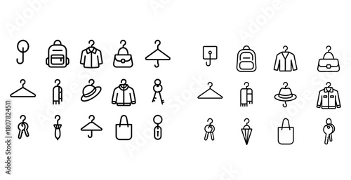 Collection of clothing and accessories icons: hangers, backpacks, hats, and keys