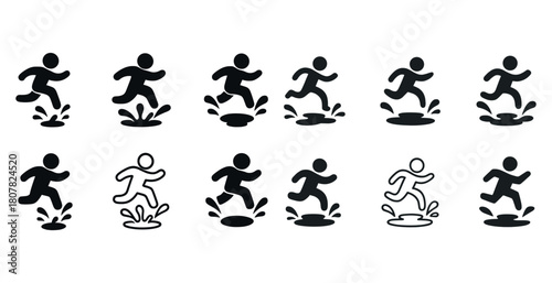 Silhouette and outline icons of figures jumping over puddles