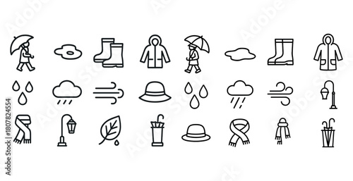 Outline icons of weather elements and clothing for rainy day