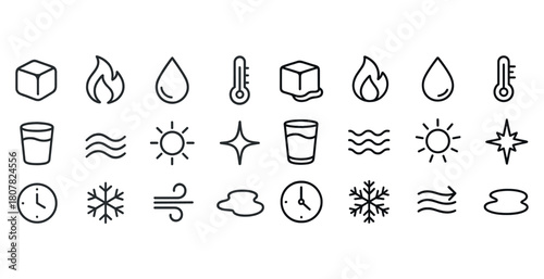 Minimalist weather and temperature icons: fire, water, ice, sun, wind, snow