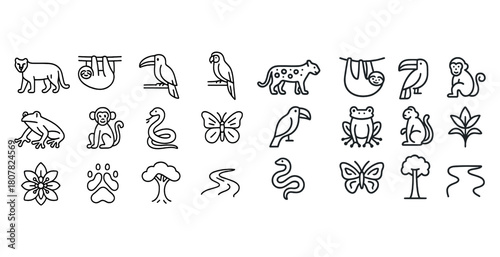Jungle wildlife icons: monkeys, birds, snakes, frogs, sloths, plants, and trees