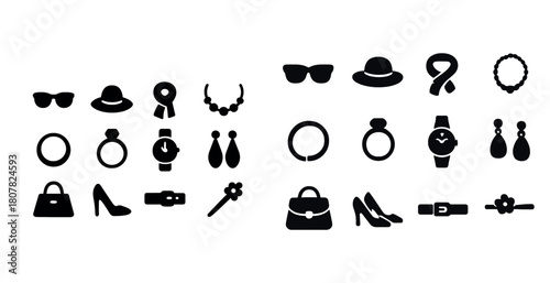 Silhouette icons of fashion accessories: sunglasses, hats, watches, jewelry, shoes, and bags