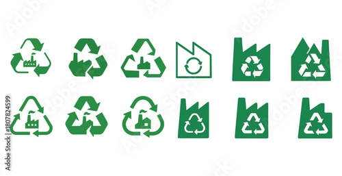 Green recycling icons: factories and arrows integration set