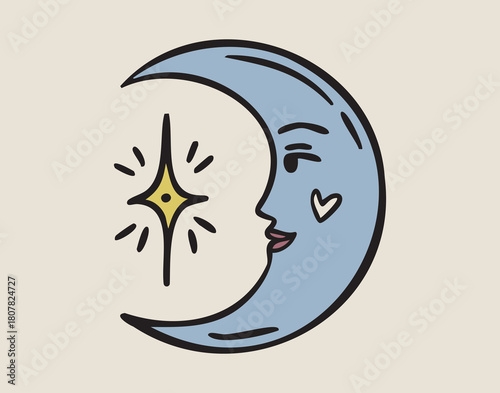 Crescent moon profile with face, boho mystical witchy hand drawn style