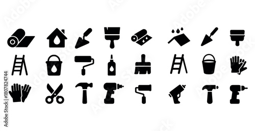 Silhouette icons of construction tools: ladder, roller, hammer, drill, trowel, brush