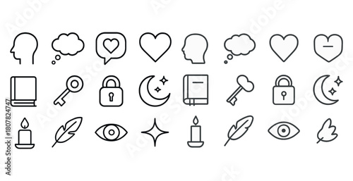 Minimalist icon set: thoughts, love, security, nature, and celestial symbols