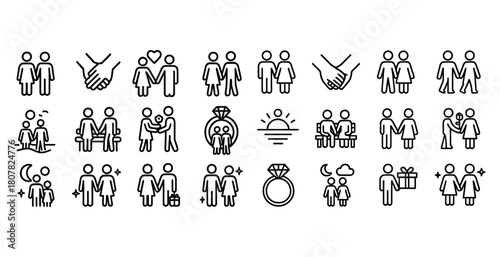 Set of minimalist wedding and relationship icons in black and white