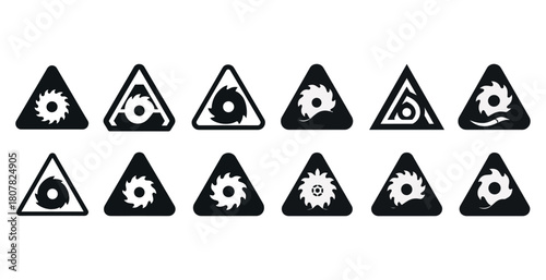 Set of circular saw blade warning signs in black and white triangle designs