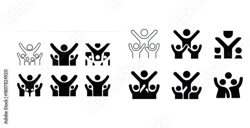 Diverse group icons with people joyfully raising hands