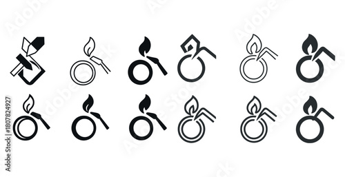 Set of bomb icons with burning fuse in various designs and shapes