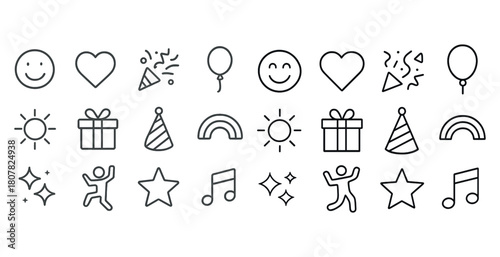 Minimalistic icon set featuring celebratory, weather, and geometric shapes