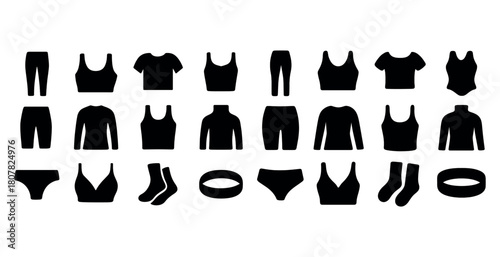 Variety of clothing silhouettes: shirts, pants, dresses, and accessories
