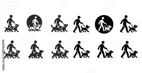 Guide dog icons: silhouettes of people with service dogs in various poses