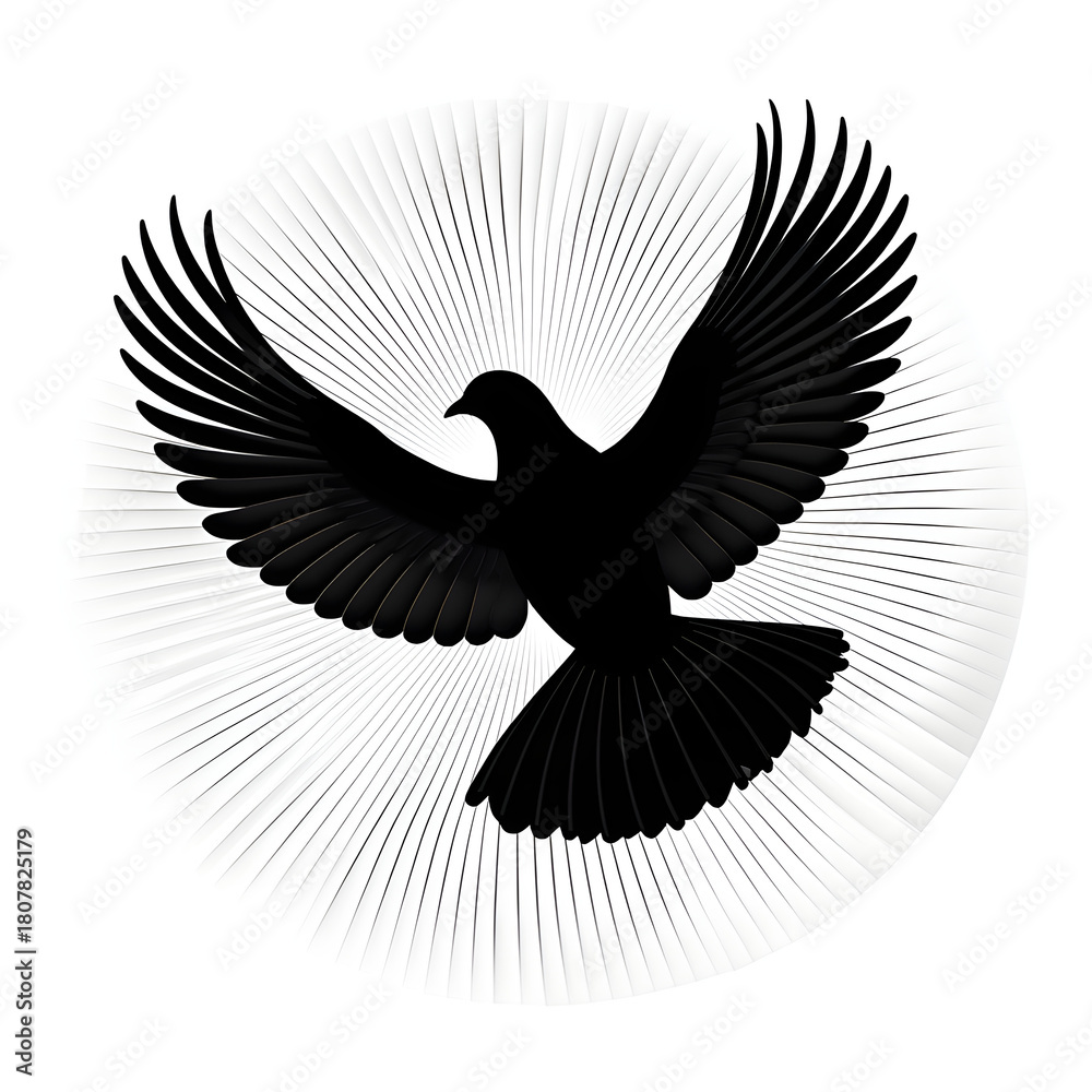 Naklejka premium A minimalist vector logo design of a flying dove silhouette with wings fully spread, surrounded by a circular radial pattern of fine black lines radiating outwards, black and white