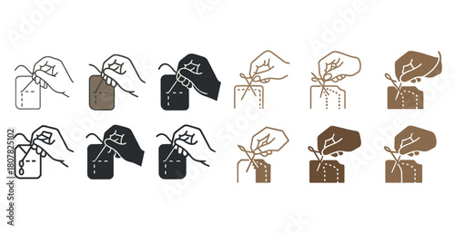 Hand icons creating gift tags with ribbon in various color styles