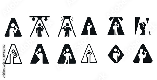 Black and white shower icon set with diverse human figures in simple geometric shapes