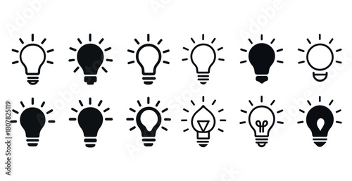 Set of various light bulb icons in black and white design