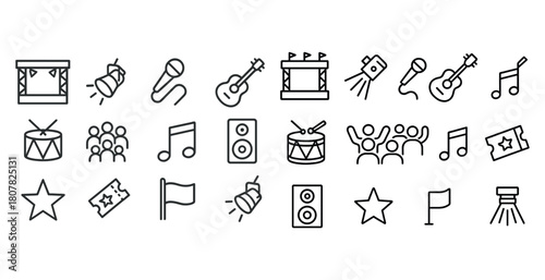 Music festival icons: instruments, stages, microphones, speakers, tickets