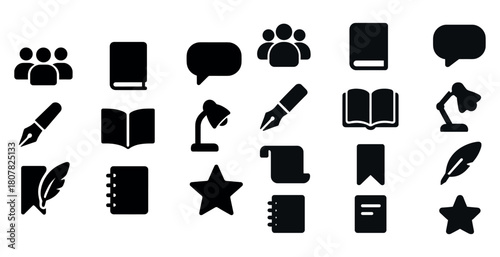 Collection of black office and writing icons: people, books, lamp, pen, speech bubble, star, quill