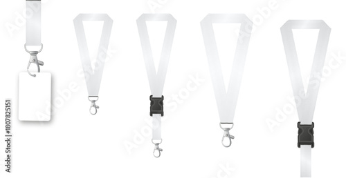 Badges Lanyard design. Identification card with ribbon. Metal closure and card with plastic. Accreditation for events congresses and companies. Vector