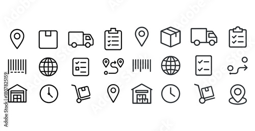 Logistics and shipping icons set: locations, transportation, tracking, packaging, warehousing