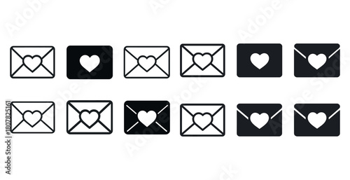 Love-themed envelopes and messages: heart icons in black and white