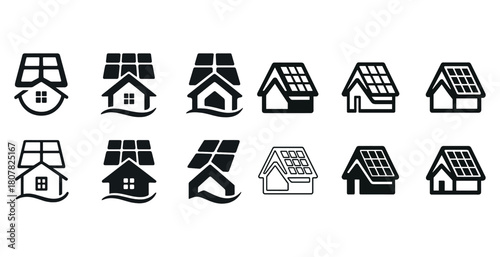 Solar-powered house icons set featuring roof panels and modern designs