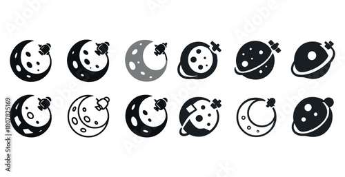 Space-themed icons featuring moons and planets with orbiting satellites