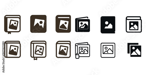 Set of 12 minimalist photo album icons in black and brown
