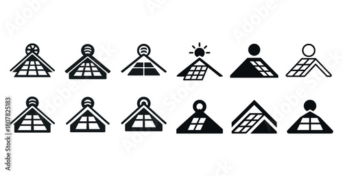 Set of solar panel roof icons with various designs for sustainable architecture concepts