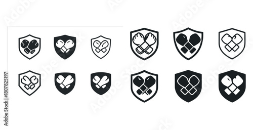 Shield designs with glove icons in various styles and layouts