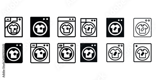 Set of laundry icons featuring shirt and washing machine designs