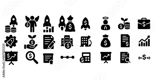 Business and finance icons: growth, rocket, money, analytics, investment