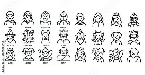 Cartoon fantasy characters: hero, villain, princess, knight, wizard, dragon