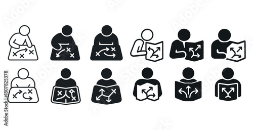 Set of icons: people reading maps, directions, navigation concepts