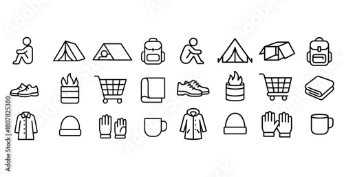 Outdoor camping icons: tents, backpack, campfire, hiking gear, shopping