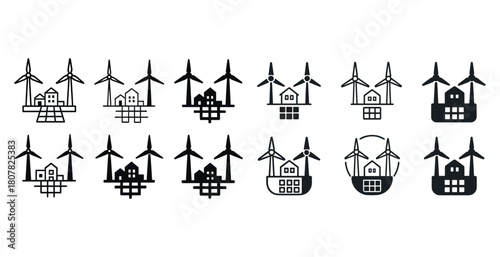 Wind turbine and solar panel icons for sustainable energy solutions